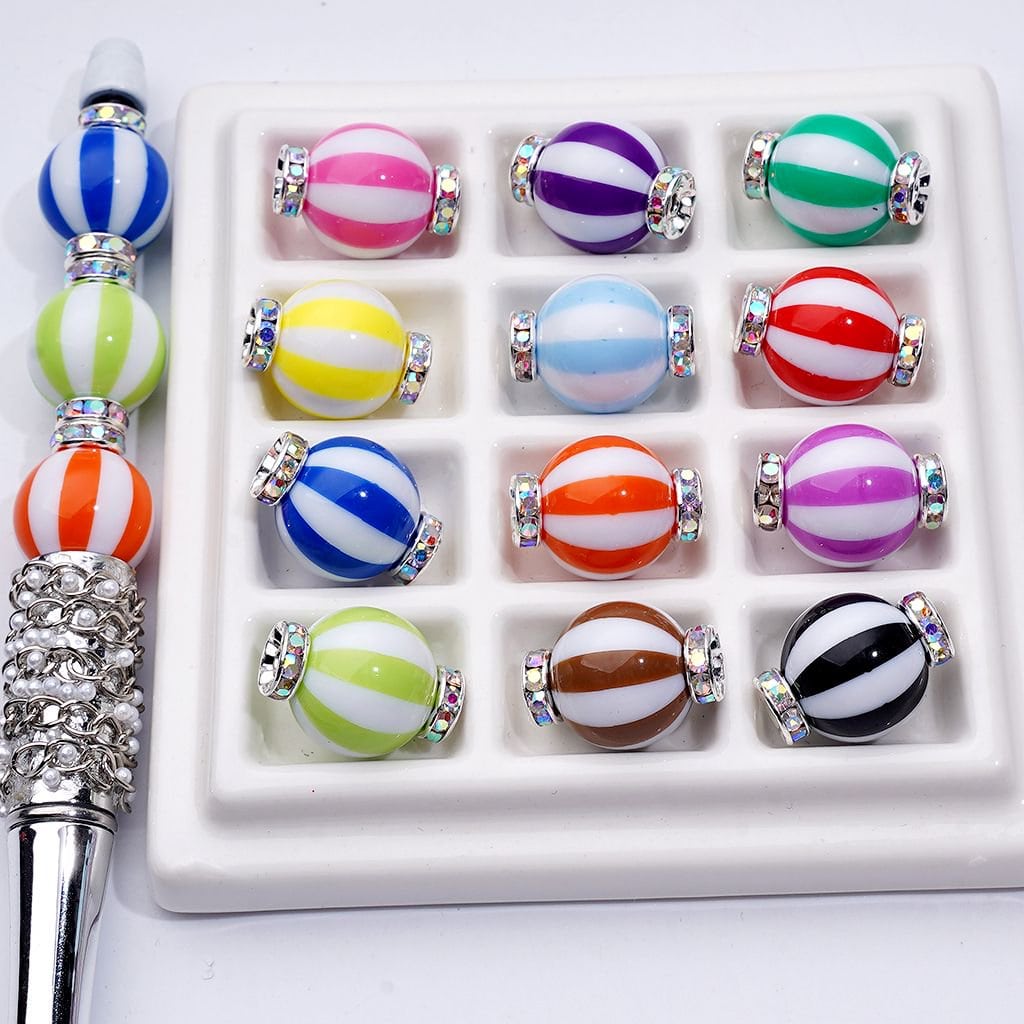 Multi-Color Striped Acrylic Beads 16MM Round with Mini Silver Alloy Spacers, Random Mix