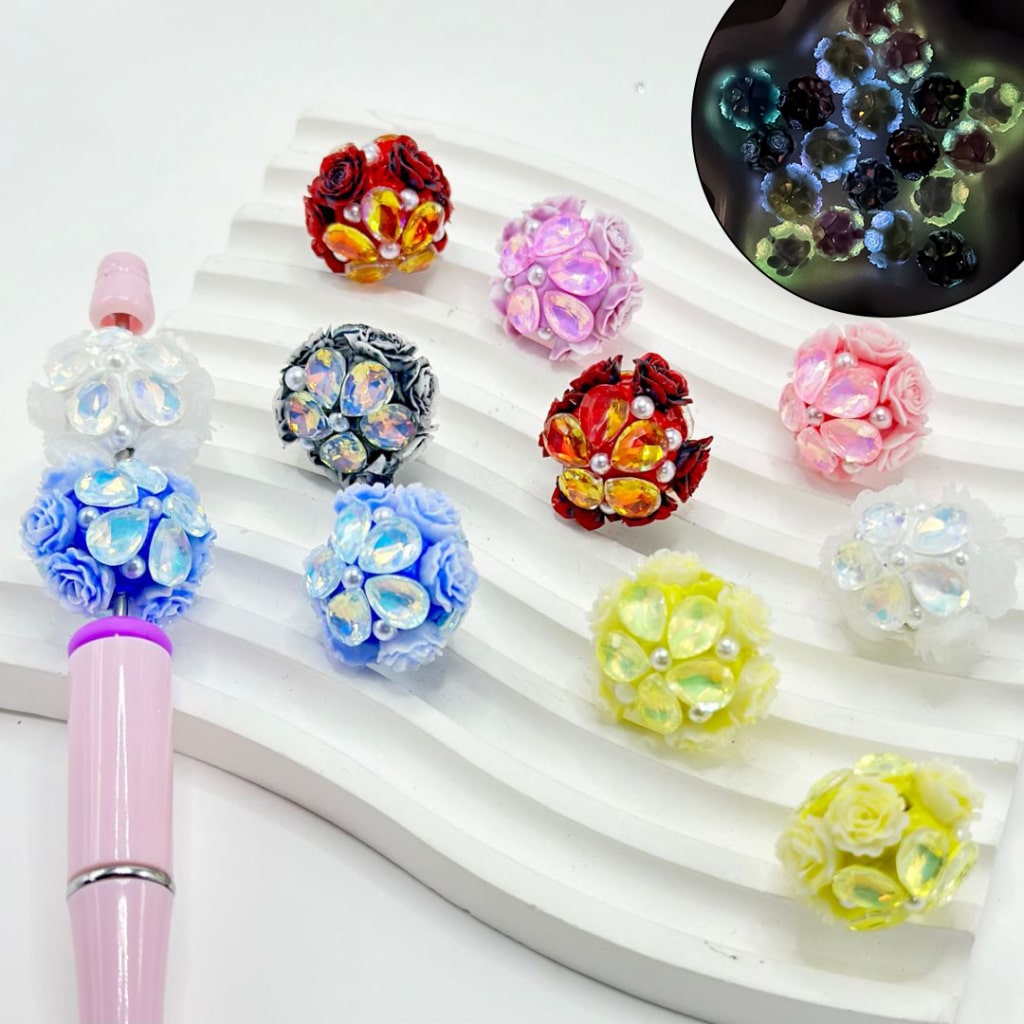 White Pearls Colorful Luminous Flowers Shiny Rhinestones Round Clay Beads, Random Mix, 20MM