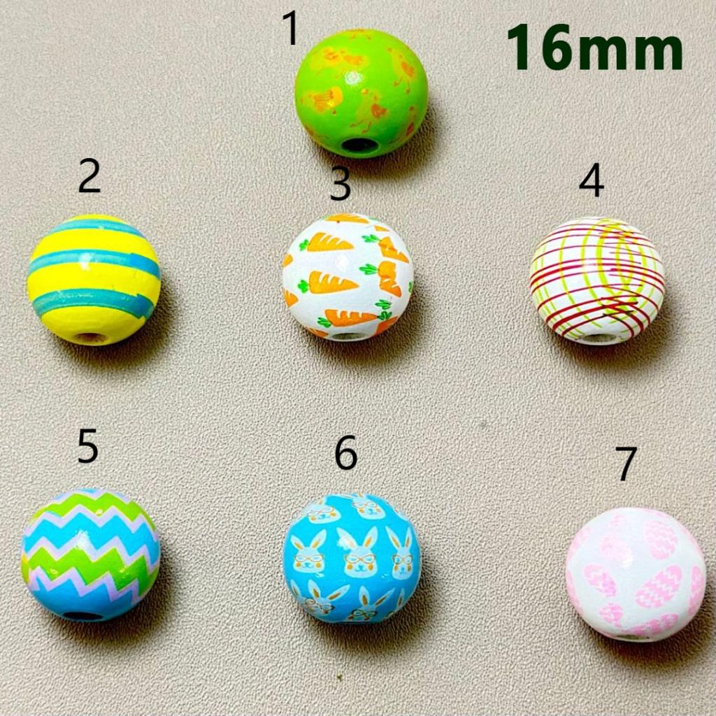 Colorful Flowers Eggs Bunnies Easter Series Rabbits Carrots Round Wooden Beads, 16MM, Please Read the Description