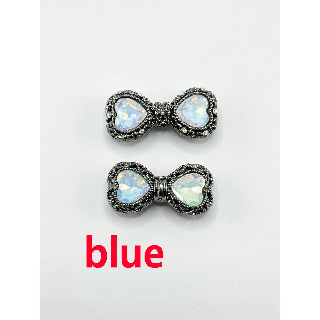 Hollow Alloy Acrylic Beads in Gun Black Bowknot Shape with Heart Rhinestones, 34mm x 17mm