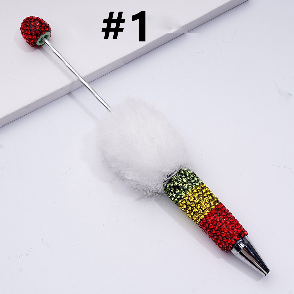 Pom Pom Beadable Clay Pens Covered with Shiny Green Yellow Red Rhinestones Along the Entire Pen