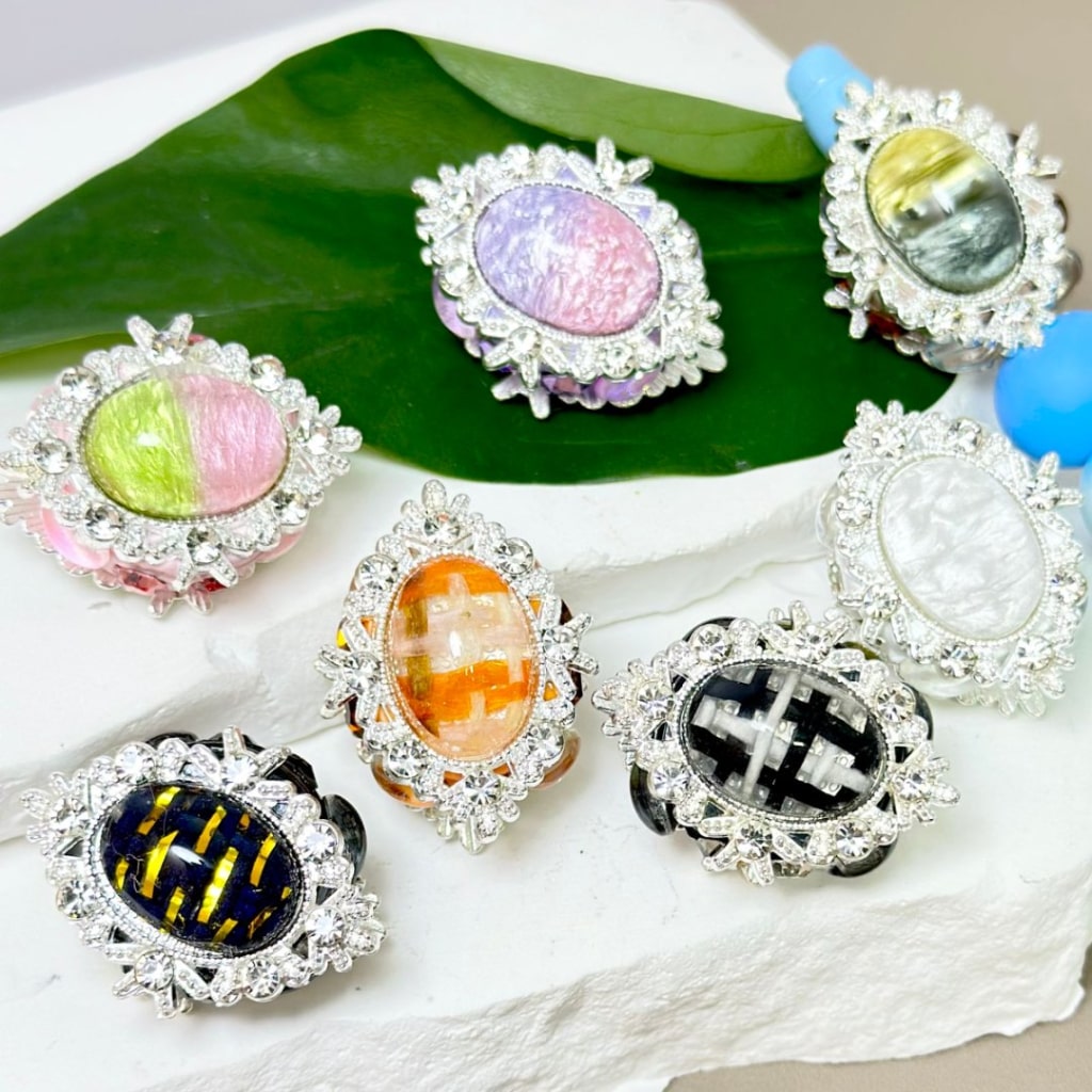 Silver Alloy Bling Bling Fancy Flower with Shiny Rhinestones, Large Oval Pearls, and Colorful Clay Beads, Random Mix Around 33*25MM