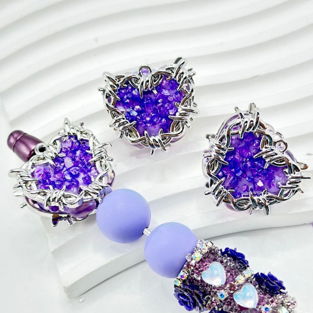 Silver Alloy Delicate Purple Shiny Rhinestones Mini Stones Oval Pearls with Around Heart Clay Beads 26*29MM