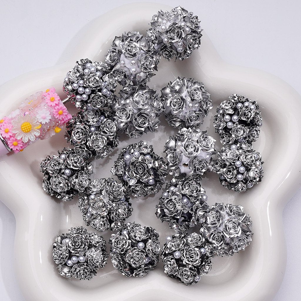 Round Clay Beads Fancy Silver Flower Designs with White Pearls & Shiny Finish, 20MM