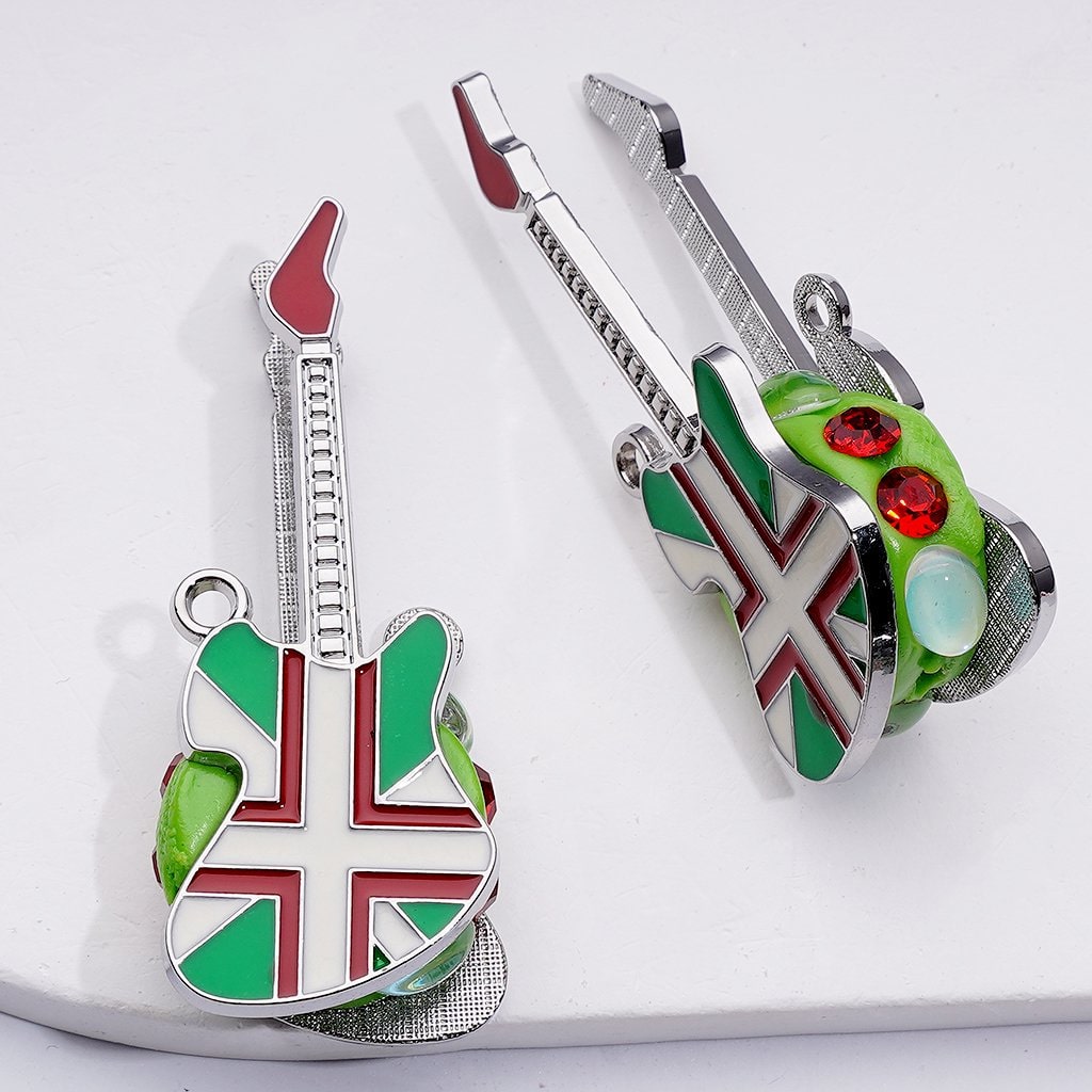 Silver Alloy Guitar Clay Beads Adorned with Shiny Rhinestones and Oval Pearls, Around 57*22MM