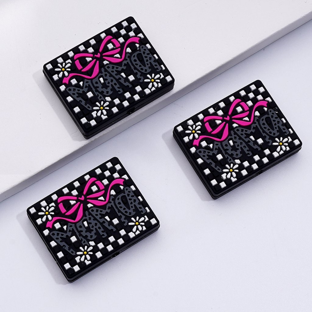 Charming Mini Rectangle Silicone Focal Beads Black & White Checkered with Red Bow & Floral Accents