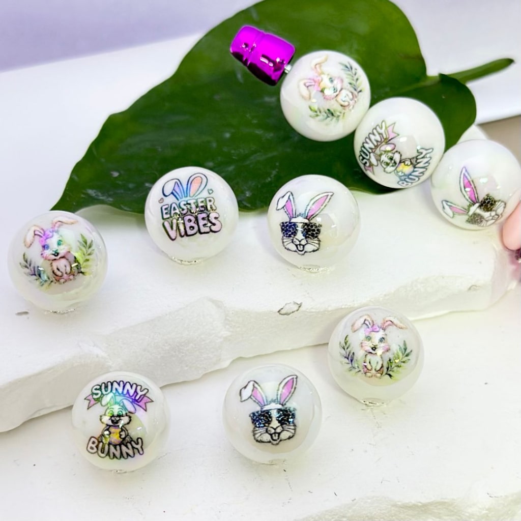 Cute Bunny Rabbit with Sunglasses Easter Vibes UV Finish White Round Acrylic Beads, 16MM