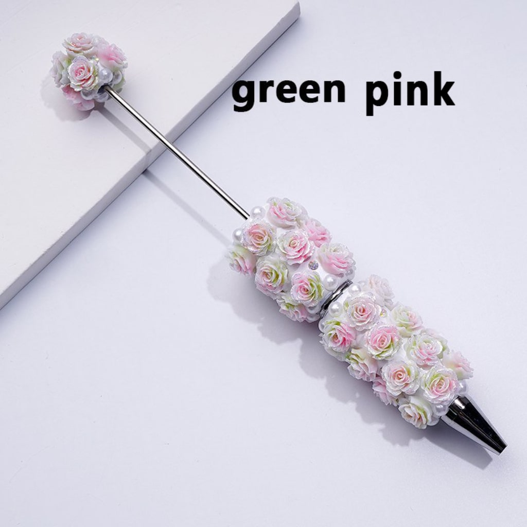 Bling Bling Beadable Clay Pen with Colorful Soft Rose Flowers, Shiny Glitter, AB Rhinestones & White Pearls