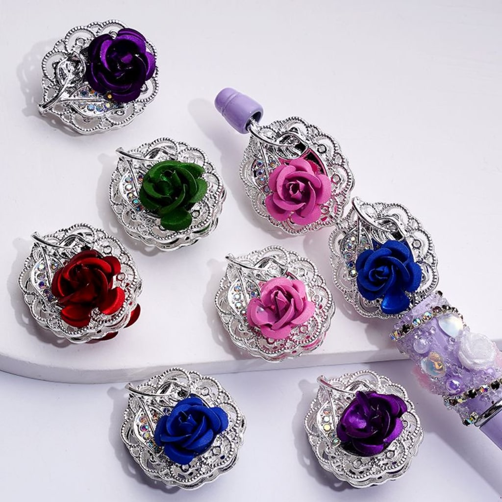 Delicate Silver Alloy Leaves with Colorful Metal Flowers & AB Rhinestone Beads Approx. 30x25MM