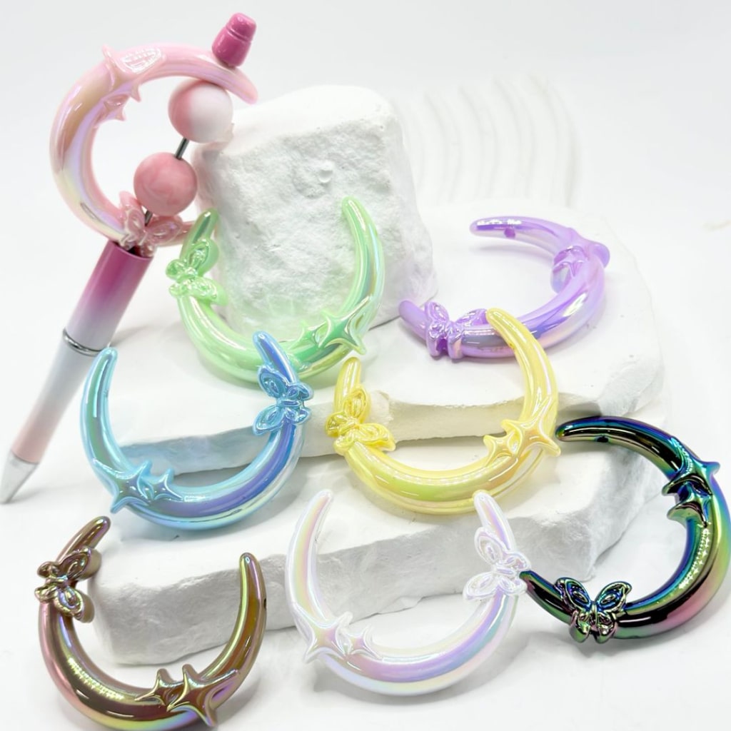 Cute Crescent Moon Acrylic Beads with UV Finish Butterfly Star, Random Mix, 45*54MM