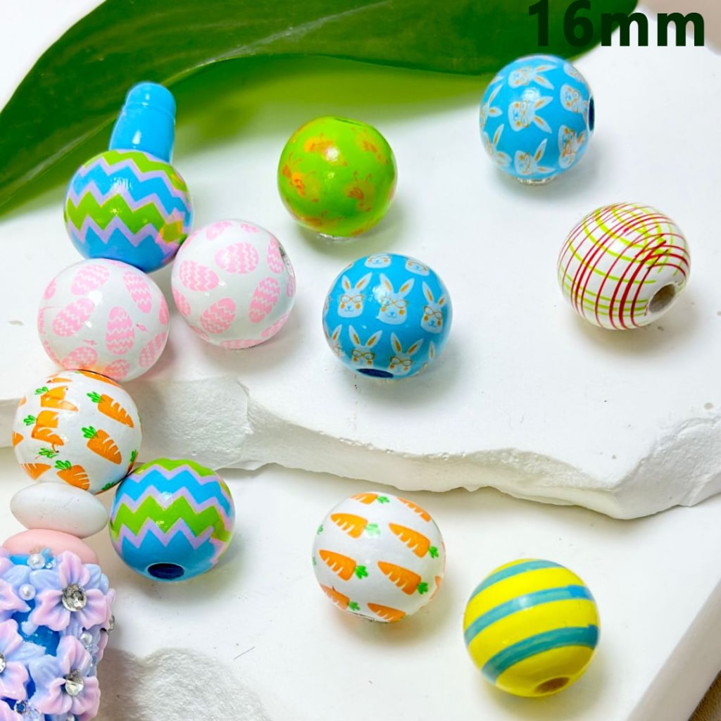 Colorful Flowers Eggs Bunnies Easter Series Rabbits Carrots Round Wooden Beads, 16MM, Please Read the Description