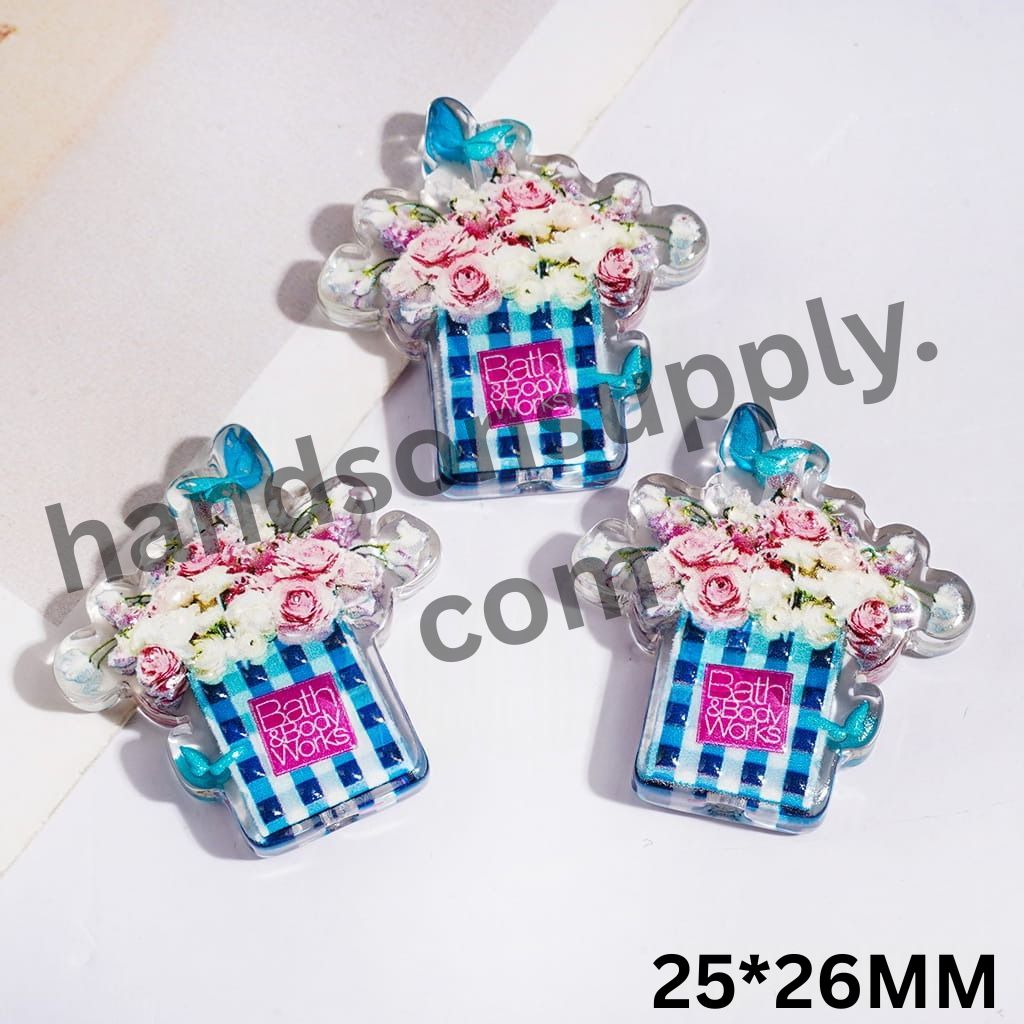 Cute Blue & White Plaid Paper Bag with Pink Rose & Butterfly Colorful Acrylic Beads, 25*26MM