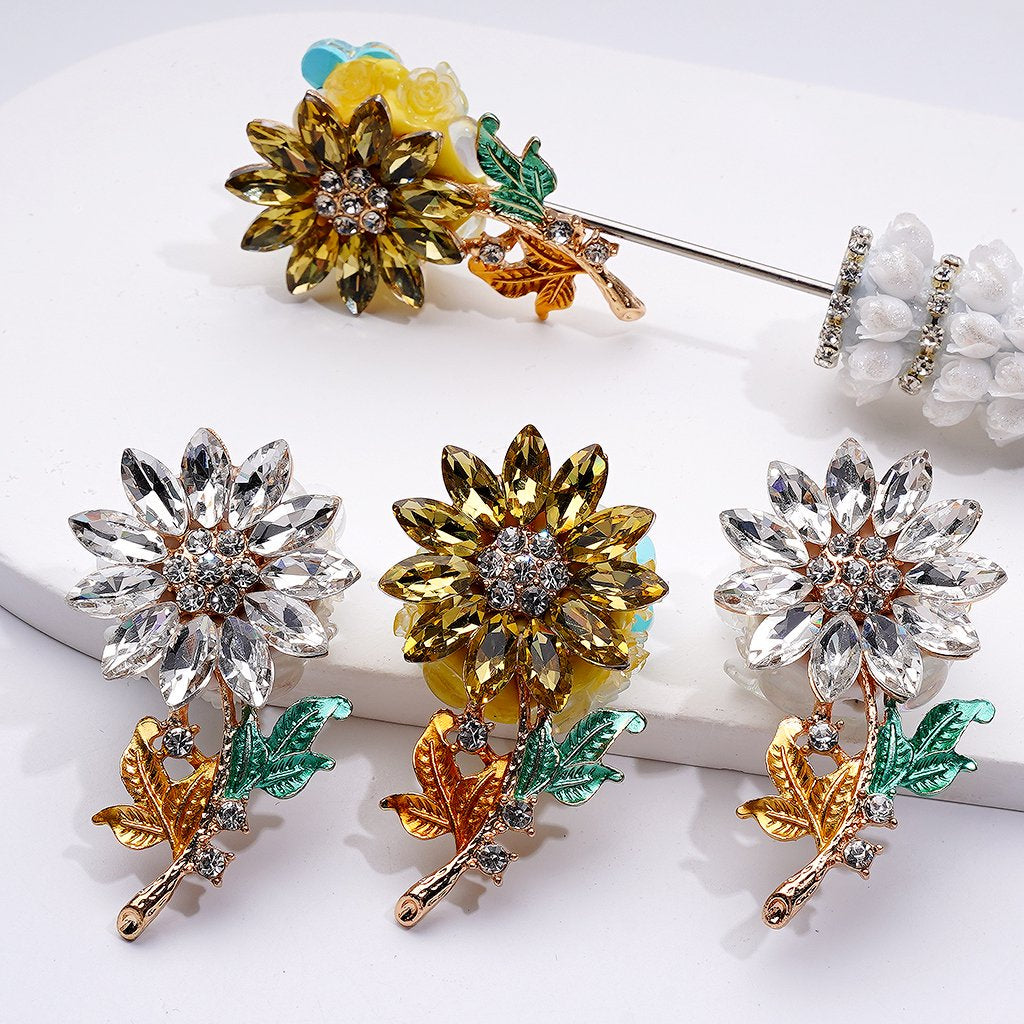 Sparkling Gold Alloy Sunflower Pendant – Shiny Rhinestones, Adorable Hearts, Butterflies & Floral Clay Beads (Approx. 50×27MM)