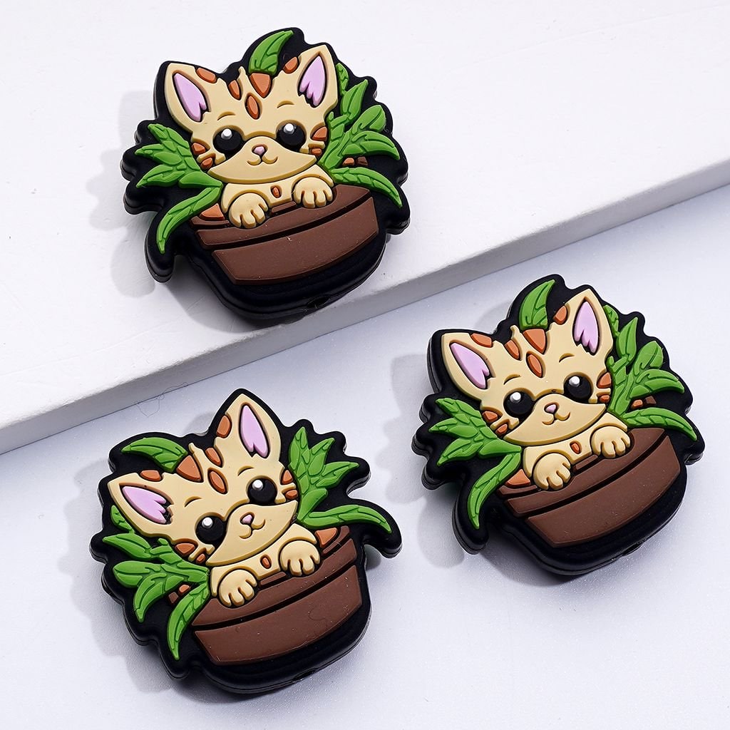 Adorable Little Cat Kitten Sitting in Flower Plant Pot Bonsai Silicone Focal Beads, Perfect for Animal Crafts