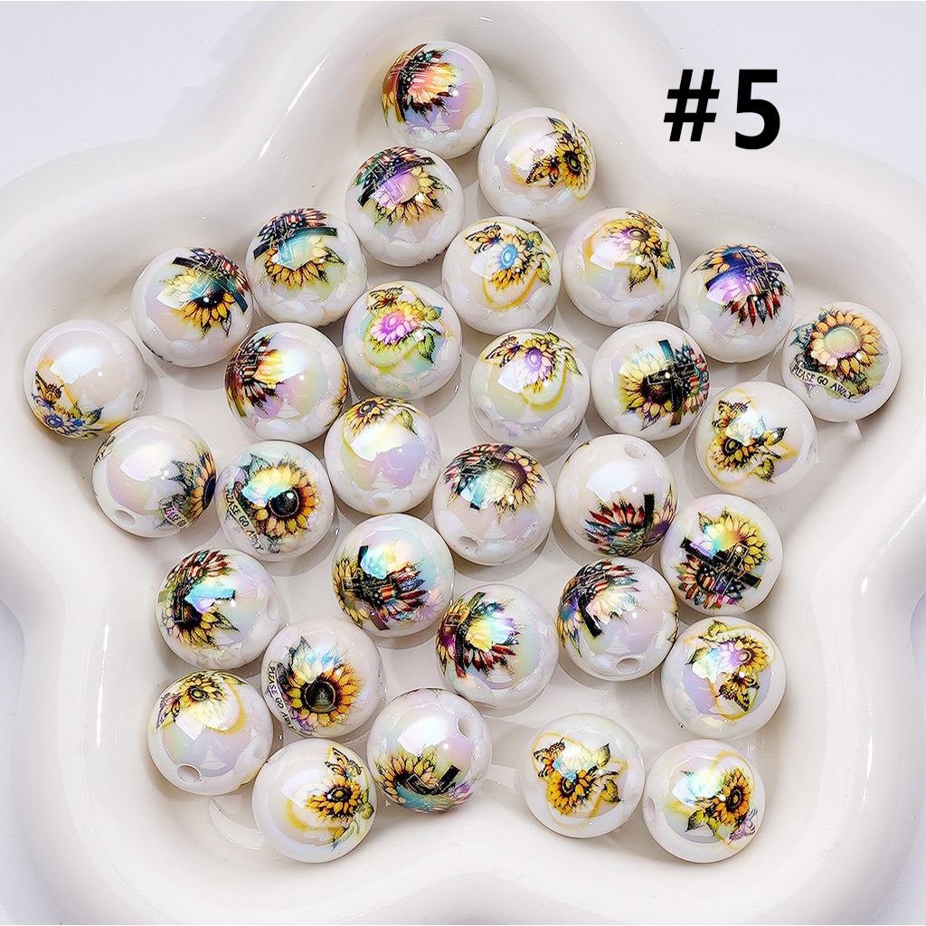 UV Coating Clear White Round Acrylic Beads with Sun Flowers 16MM
