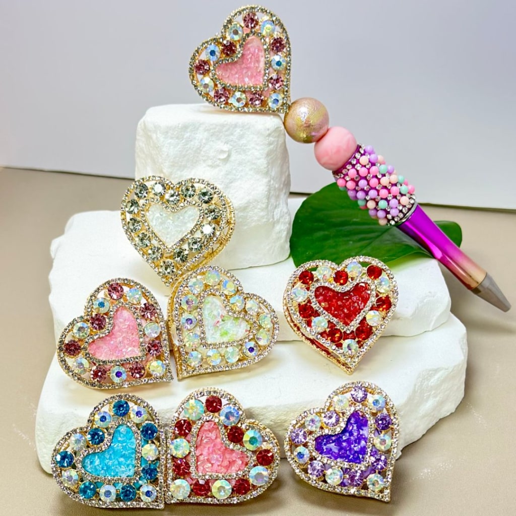 Gold Alloy Heart with Bling Bling Colorful Rhinestones, Small Stones, Oval Pearls, and Clay Beads Around 36*36MM
