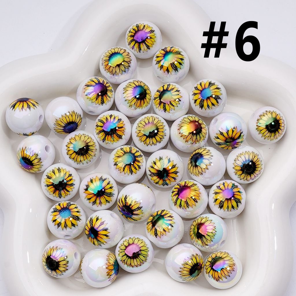 UV Coating Clear White Round Acrylic Beads with Sun Flowers 16MM