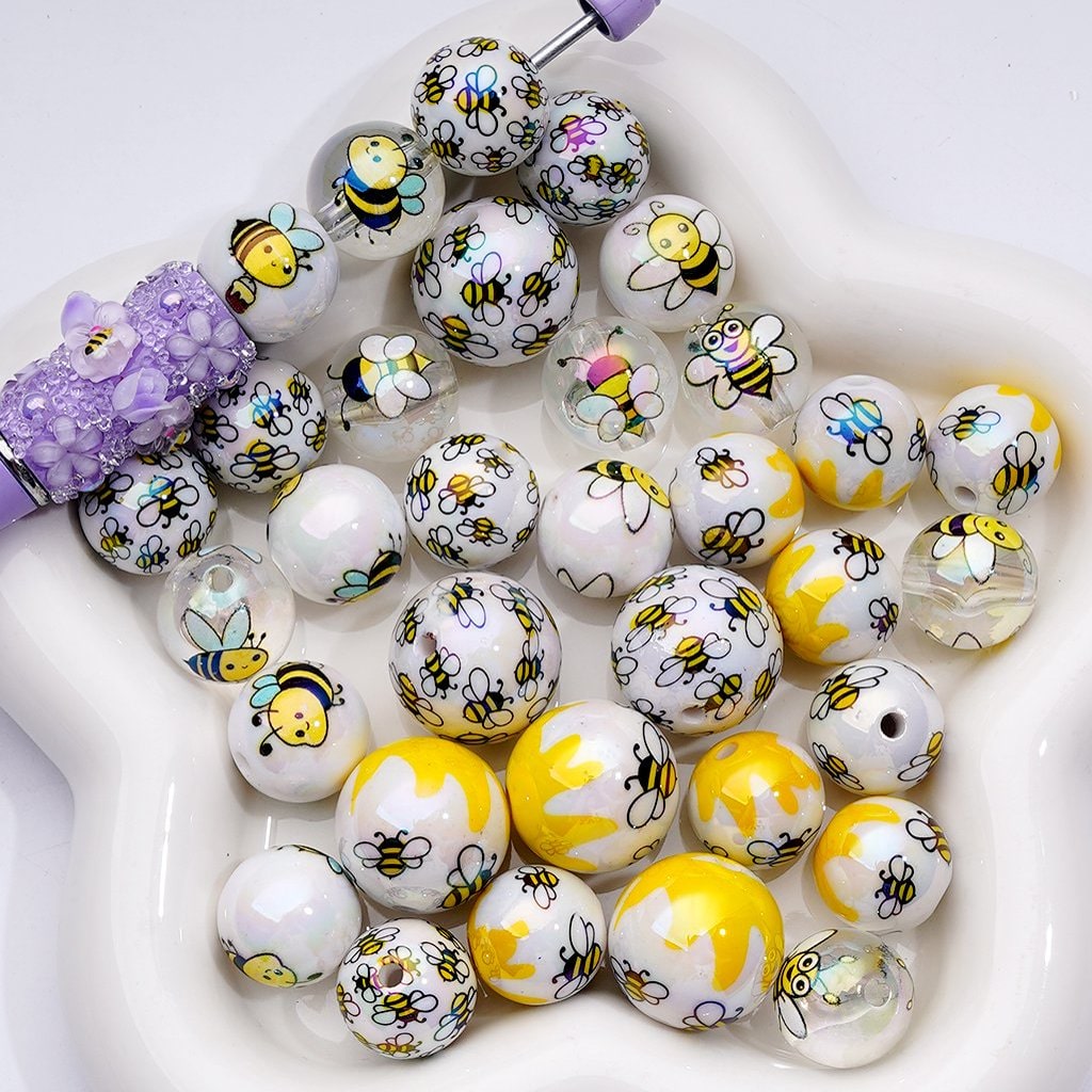 UV Coating Cute Bees Clear White Round Acrylic Beads, 16MM and 20MM Random Mix