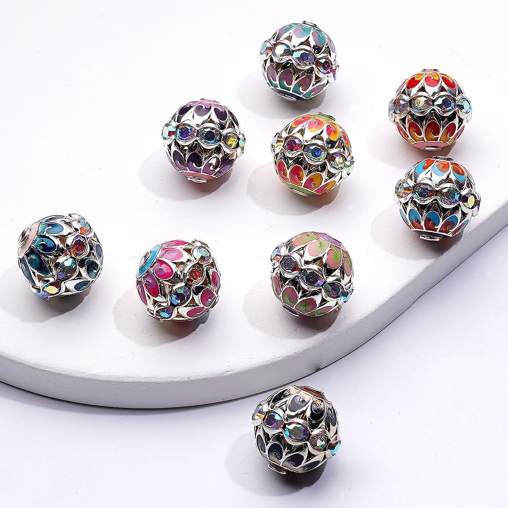 Nepalese Gold-Silver Alloy Beads – Vibrant Painted AB Rhinestones, 15x16MM