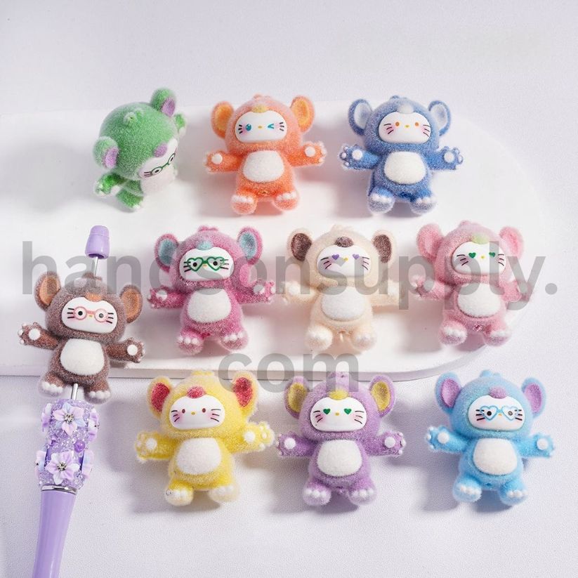 Flocked Hello Cute Cat in Monster Costume with Multi-Color, Cool Glasses, Acrylic Beads 42*42MM, Random Mix