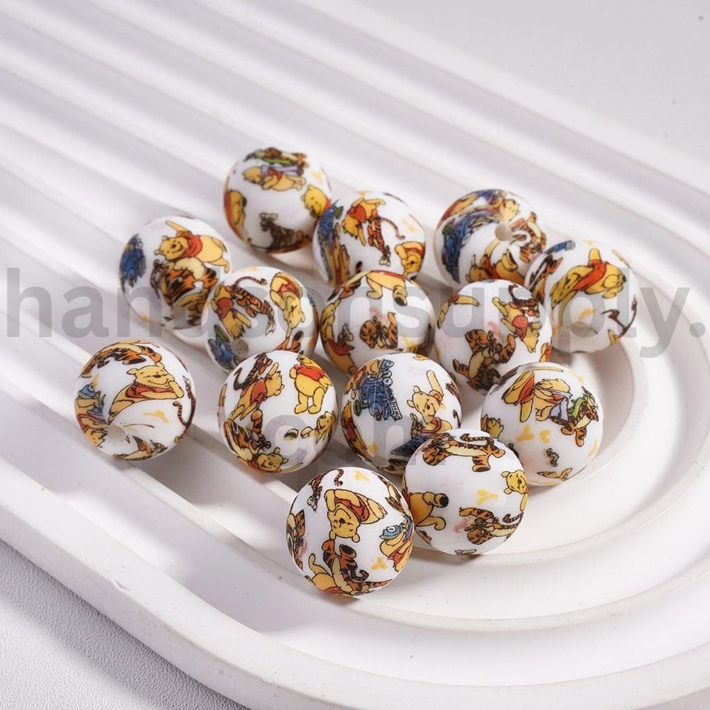 Cute Honey Bear Fun Character Mix Round Printed Silicone Beads 15mm Z-00301