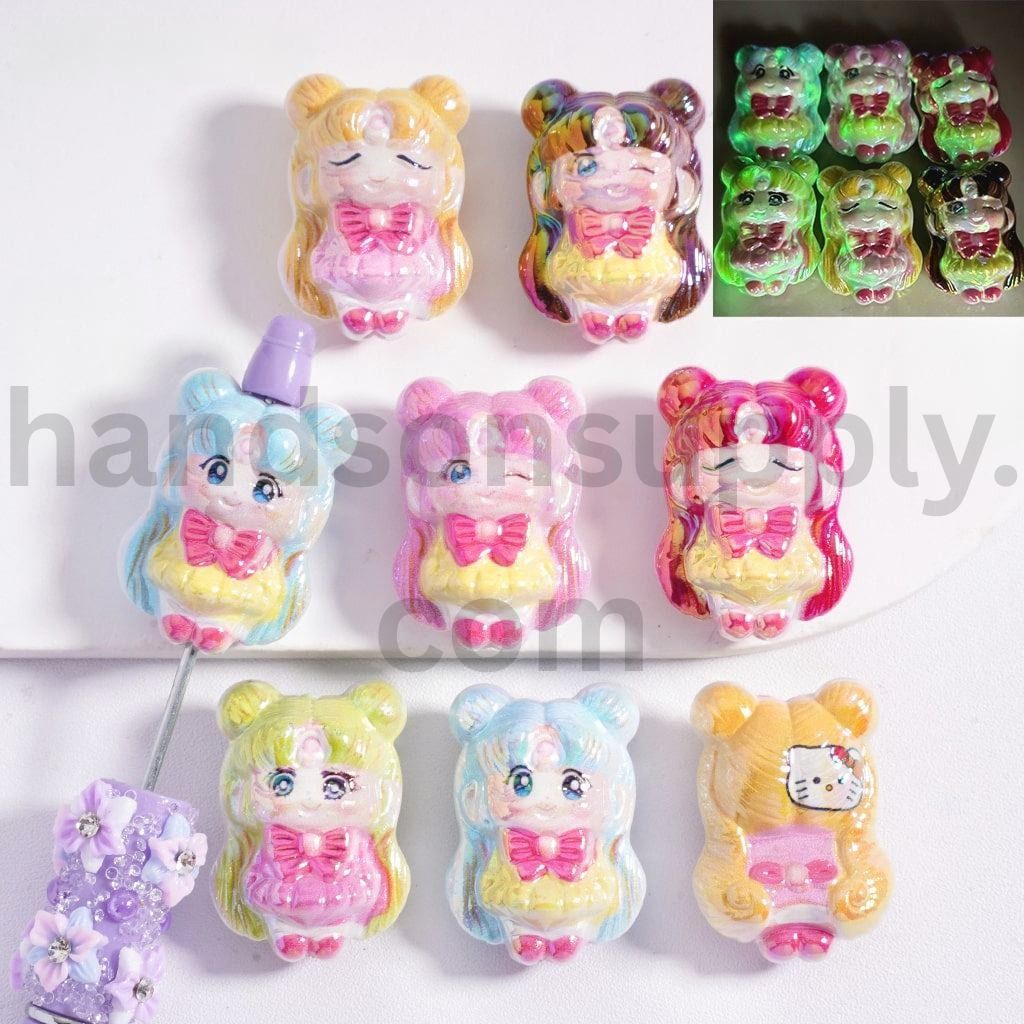 Luminous UV Coted & Cute Cat Character with Bow Mixed Acrylic Beads 24*34MM, Random Mix