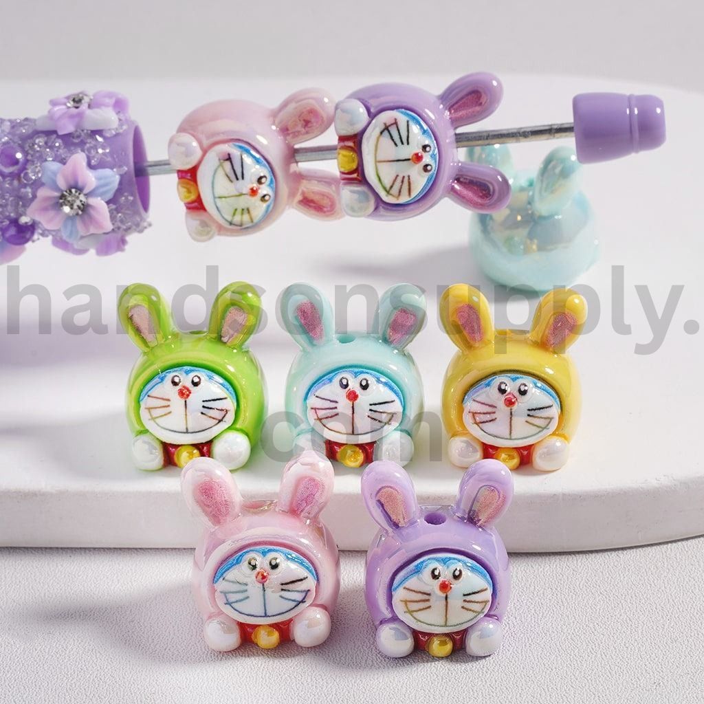 UV Coating Cute Doraemon Cartoon Chracters Bunny Rabbit Ears and with Hat Acrylic Beads 15*18MM, Random Mix