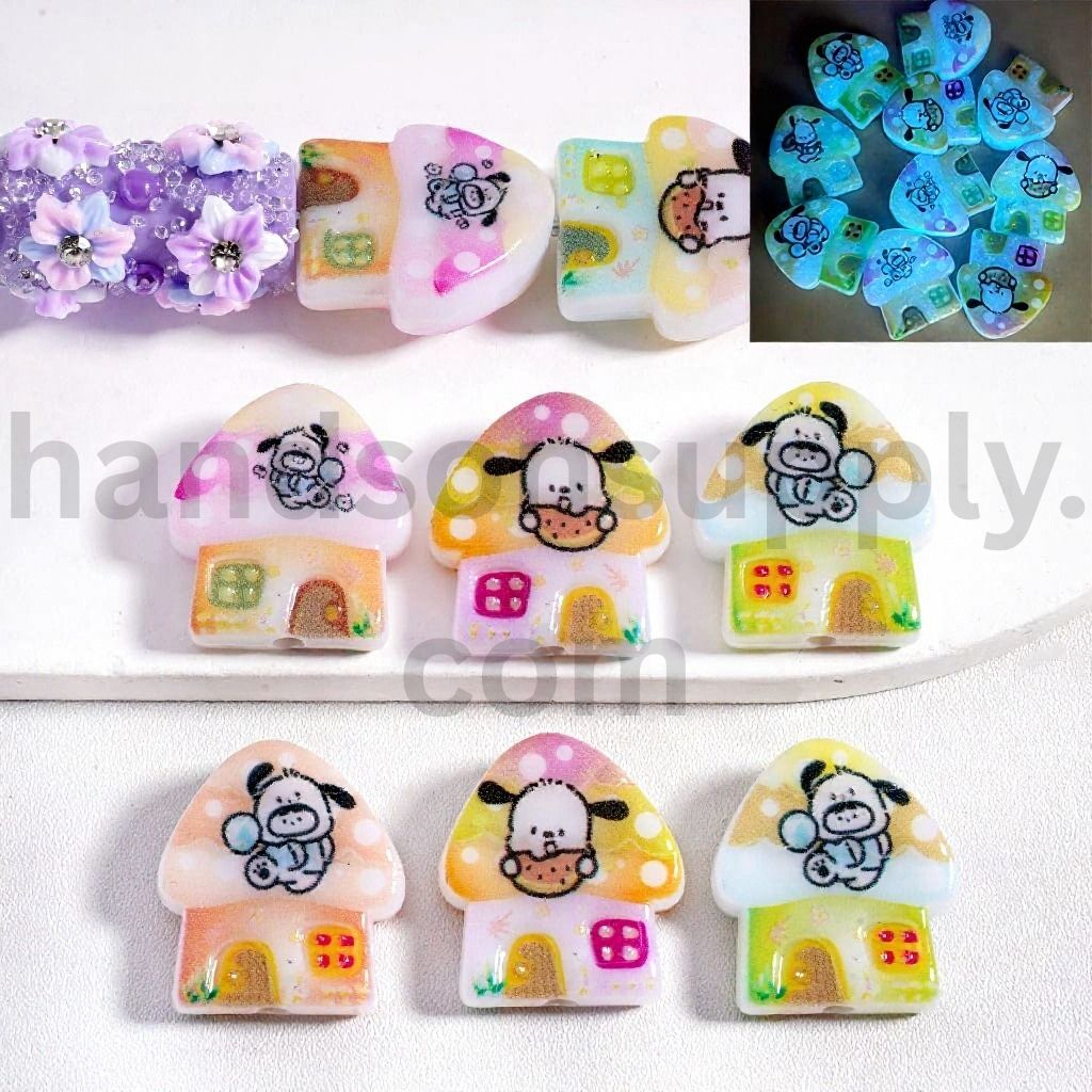 Luminous Cute Mushroom House with Pochacco Print Shiny Acrylic Beads 22*24MM, Random Mix