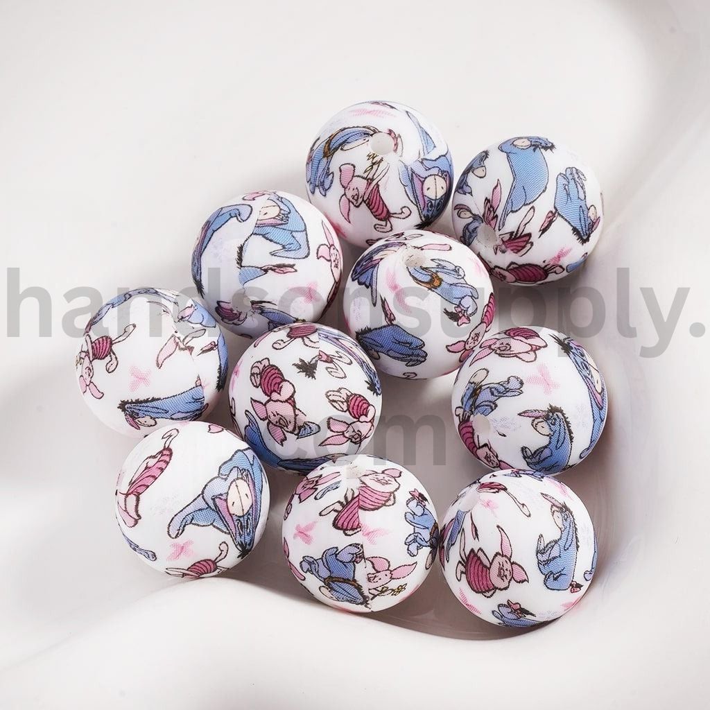Cute Pig & Honey Bear Printed Round Silicone Beads 15MM Z-00303