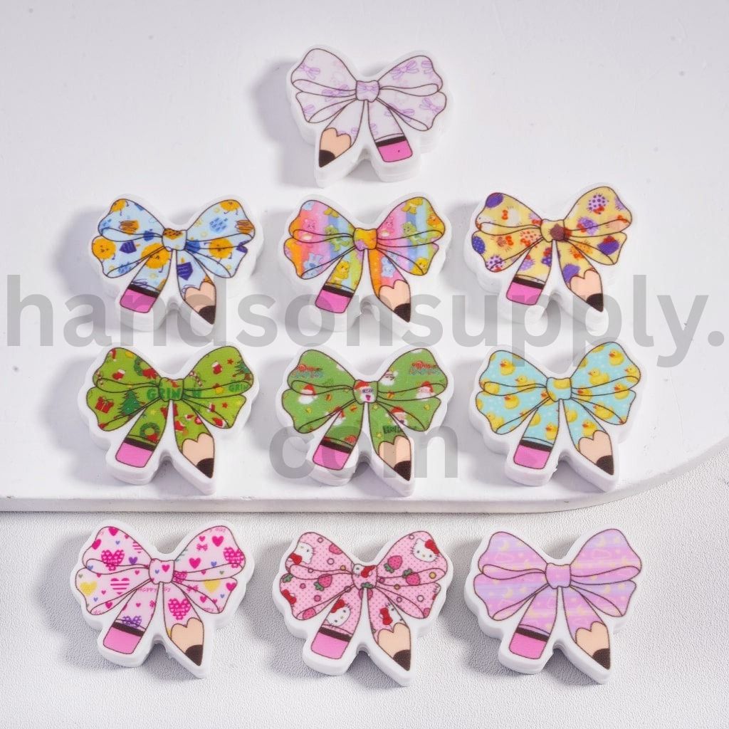 Teacher Pencil Style Bowknot Multi Designs Print Silicone Focal Beads Random Mix
