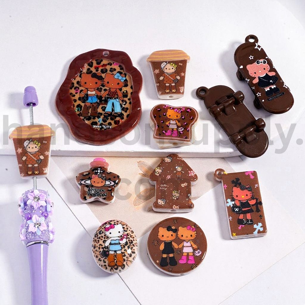 Skateboard, Jelly Drink, Coffee Cup & Chocolate Beans Brown Series, Cute Cat Character Pendant Different Shape Acrylic Beads Random Mix)