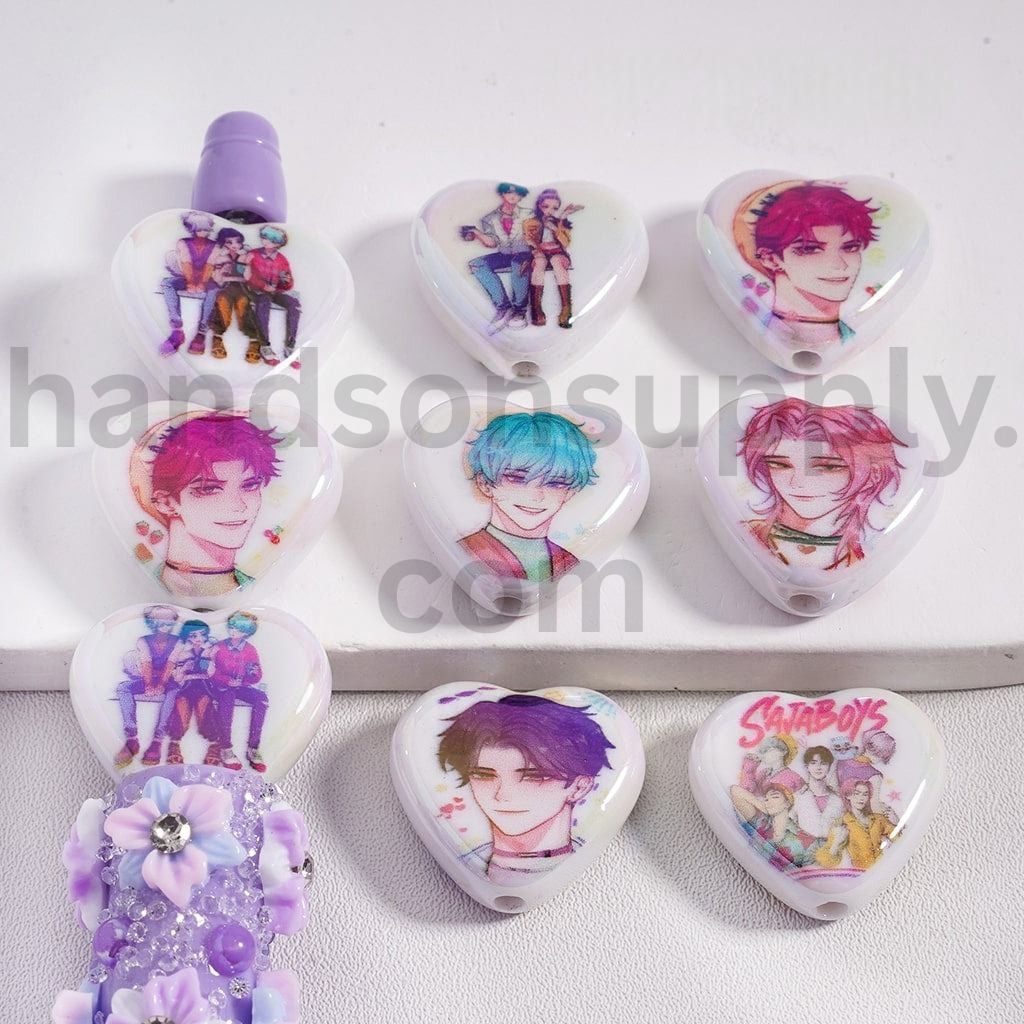 UV Coated Boy Group SA Boys Chracter Flat Heart Shape Acrylic Beads 18*20MM Random Mix