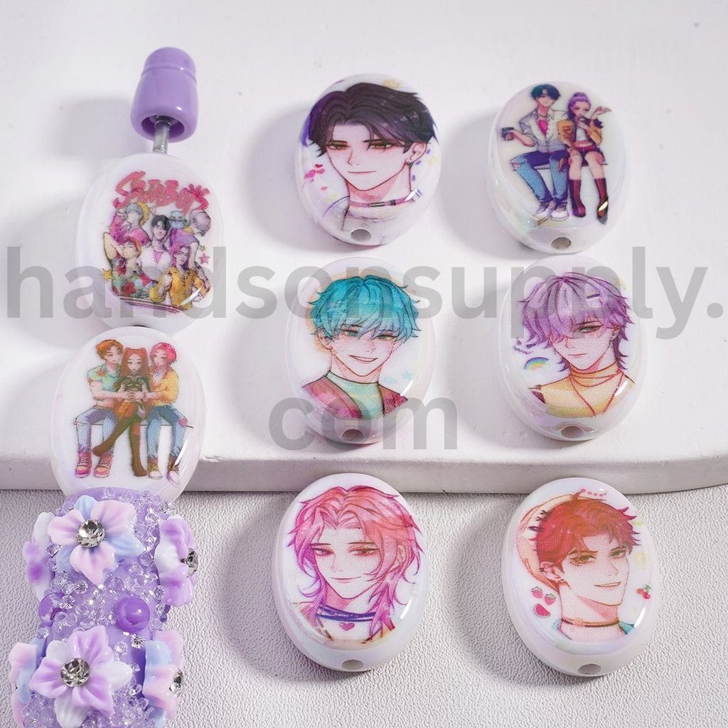 UV Coated Colorful cartoon Style SA Boys character Boy Group prints Flat Oval Shape Acrylic Beads 17*23MM, Random Mix