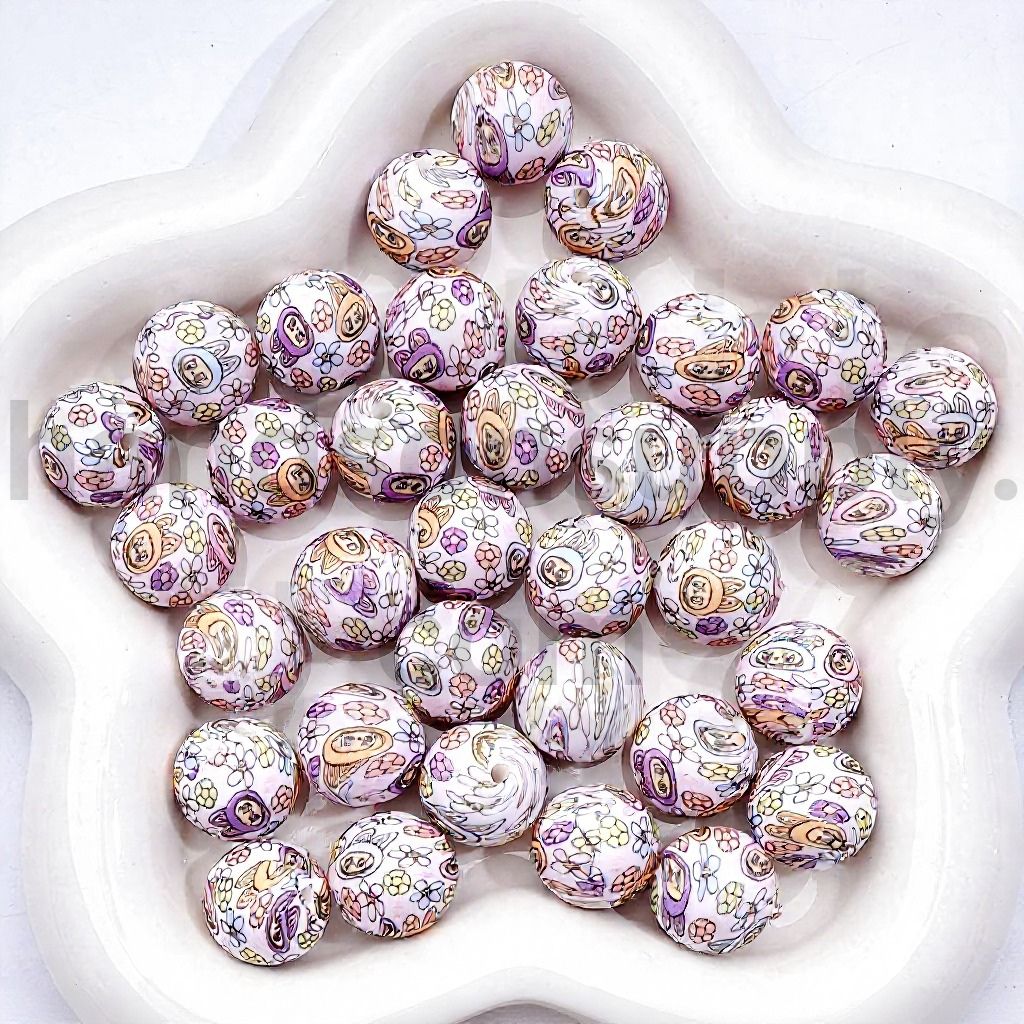 Labub Silicone Beads with Cute Flower Print Design Size 15MM Item Number Z 00251