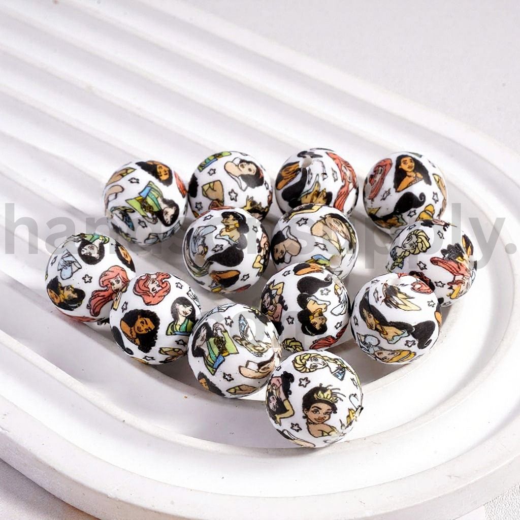 Disney Royal Girl Printed With Mini Star Round Silicone Beads 15MM, Z-00305