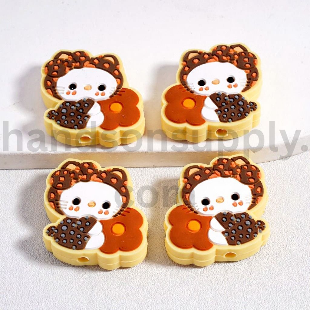 3D Hello Kitt Holding Big Flower Cute Character Design Silicone Focal Bead