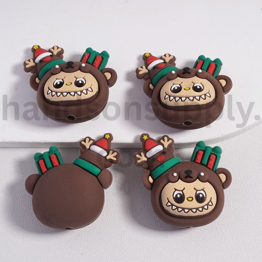 3D Cute L-B-B Little Bear with Christmas Deer & Gift Box Silicone Focal Beads