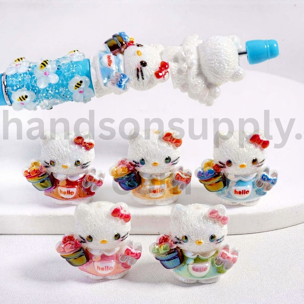 UV Coating Cute Hello Kitt Cute Cat Cartoon Character Holds Flower Pot Bonsai Scissors, Acrylic Beads 25*26MM, Random Mix