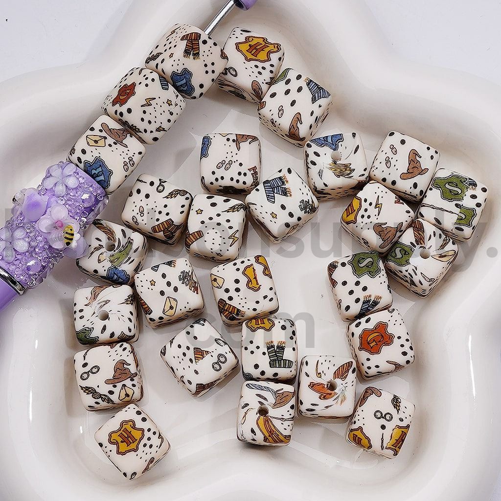 Printed Cube Square Hogwar Shield Silicone Beads 14MM, Random Mix