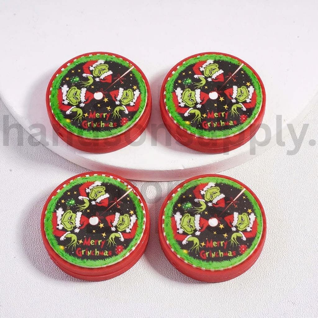 Silicone Focal Beads Cute Green Monster Grinc with Red Christmas Hat, Red Flat Round Shape