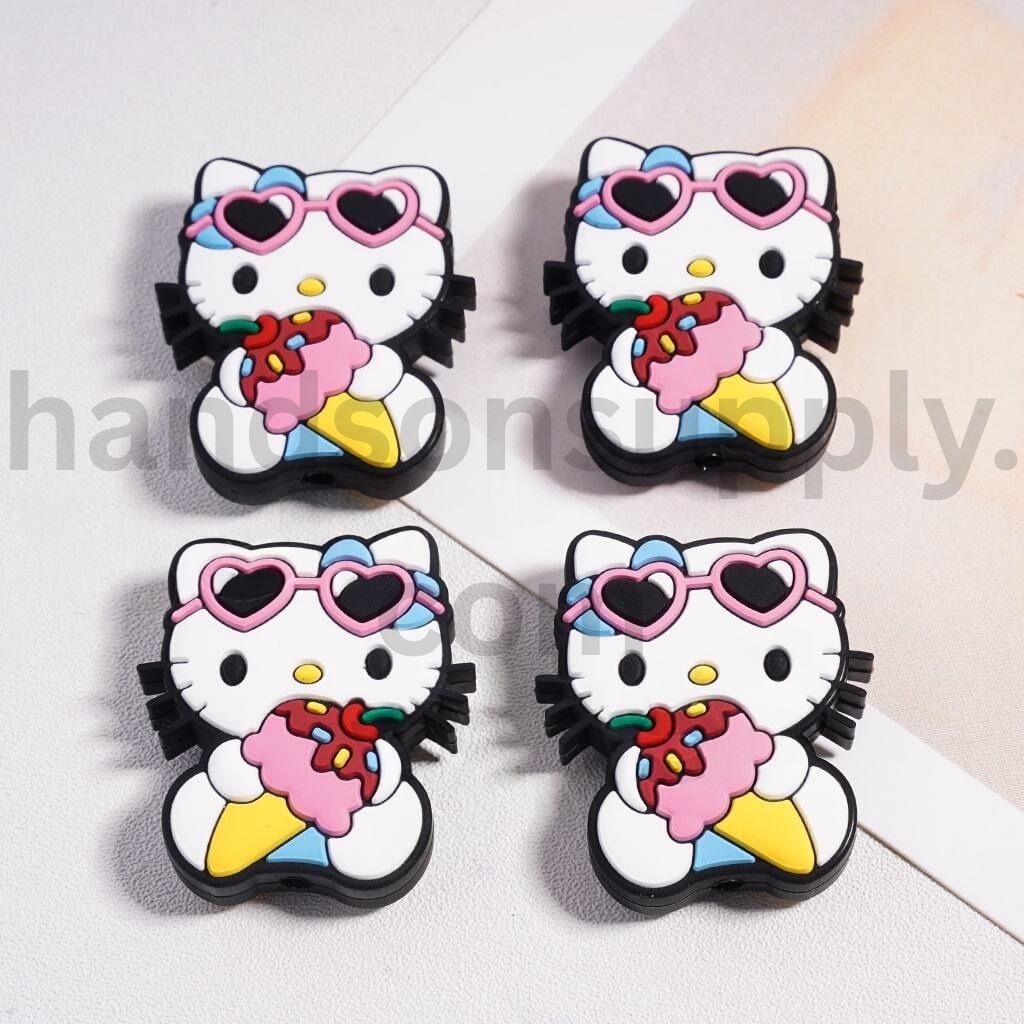 Sweet Lover Cat Enjoying Ice Cream, Pink Heart Sunglasses Silicone Focal Beads