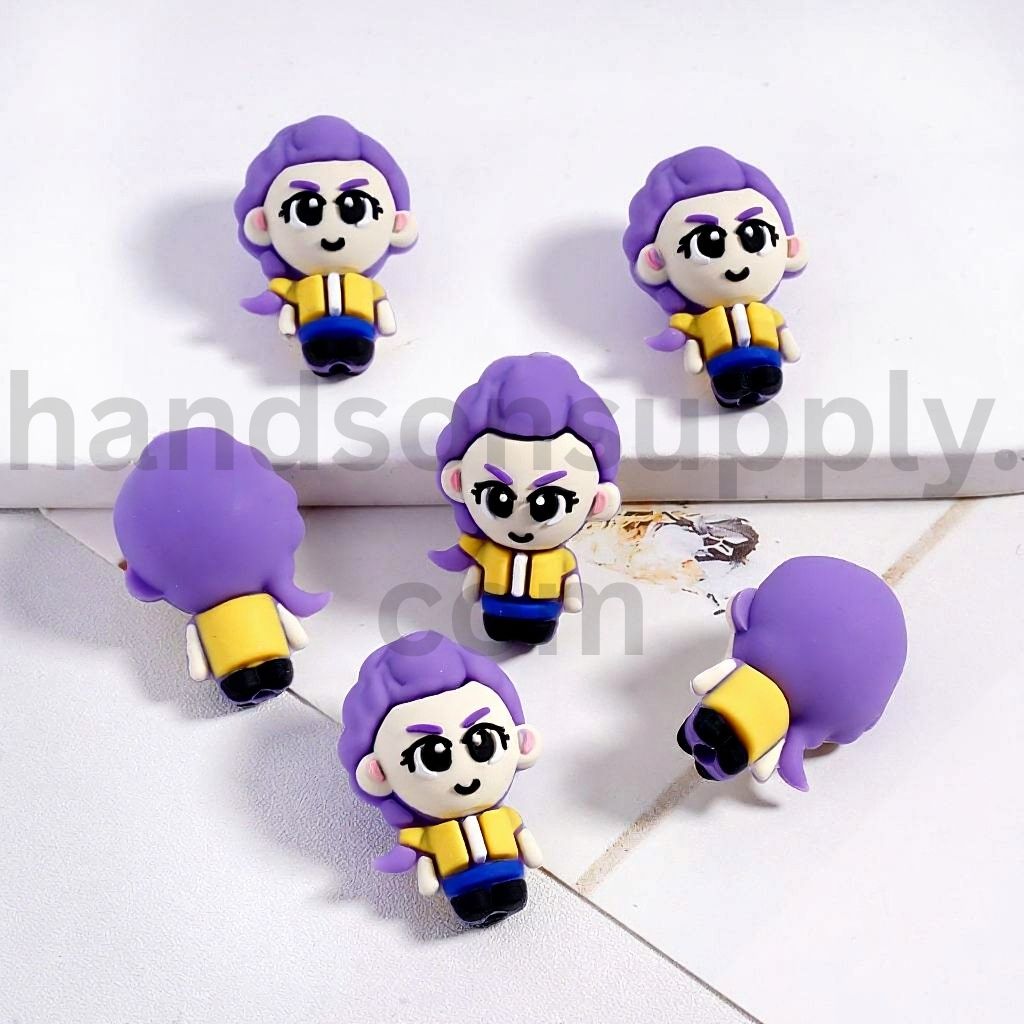 3D Cute Cartoon Pop Character Figure with Purple Hair Silicone Focal Bead