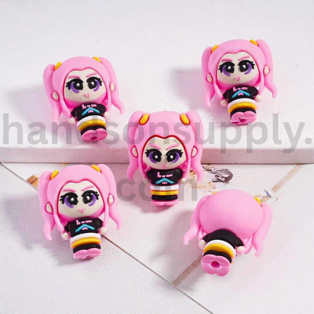 3D Cartoon Girl Pink Hair Twin Ponytails Silicone Focal Bead