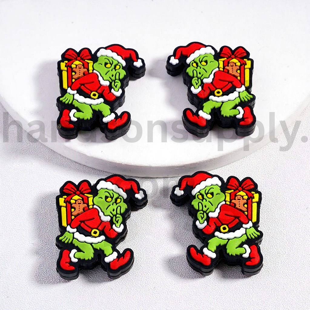 Green Monster in Santa Costume with Christmas Gift Silicone Focal Bead