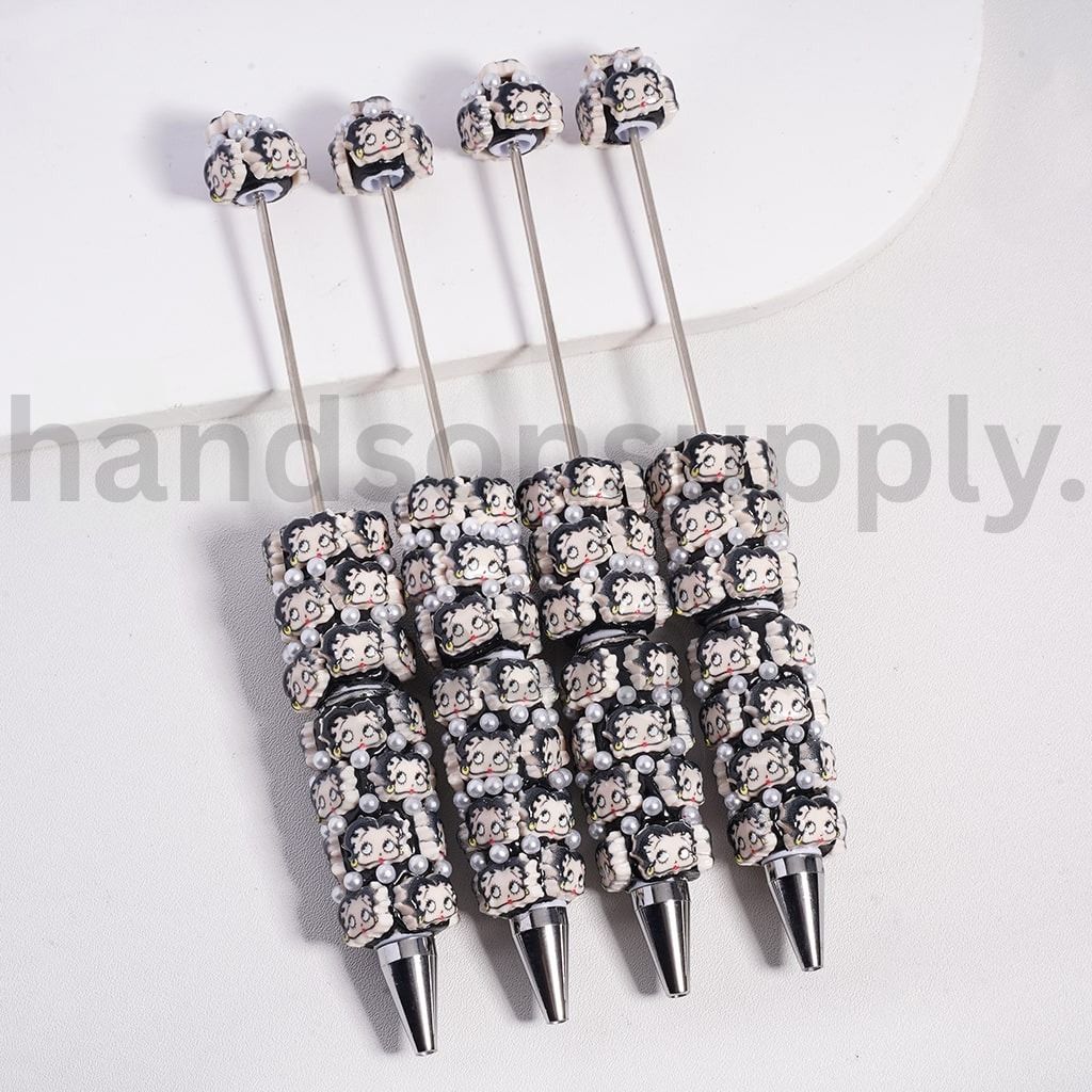 Cute Betty Girl Head with White Pearls on Black Background Beadable Clay Pens