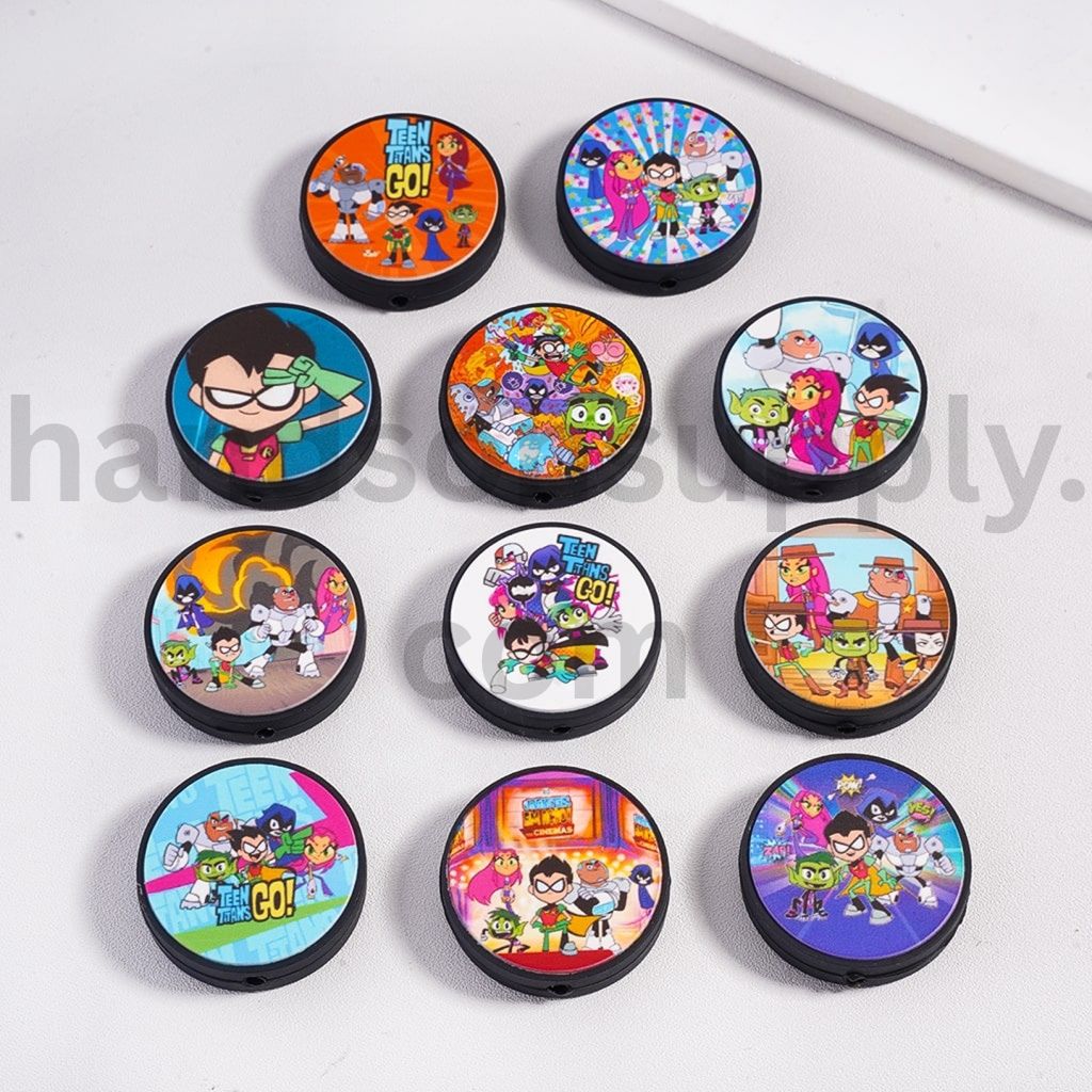 Character Series Different Design Print Black Background Flat Round Shape Silicone Focal Beads, Random Mix