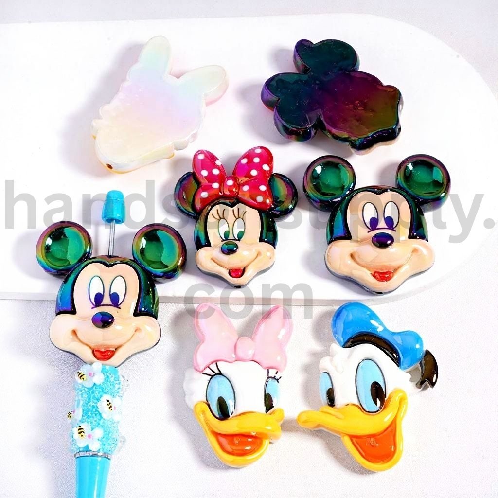 UV Coated Cute Mouse & Duck Character Head Series with Colored Hearts Flat Back Acrylic Beads Random Mix