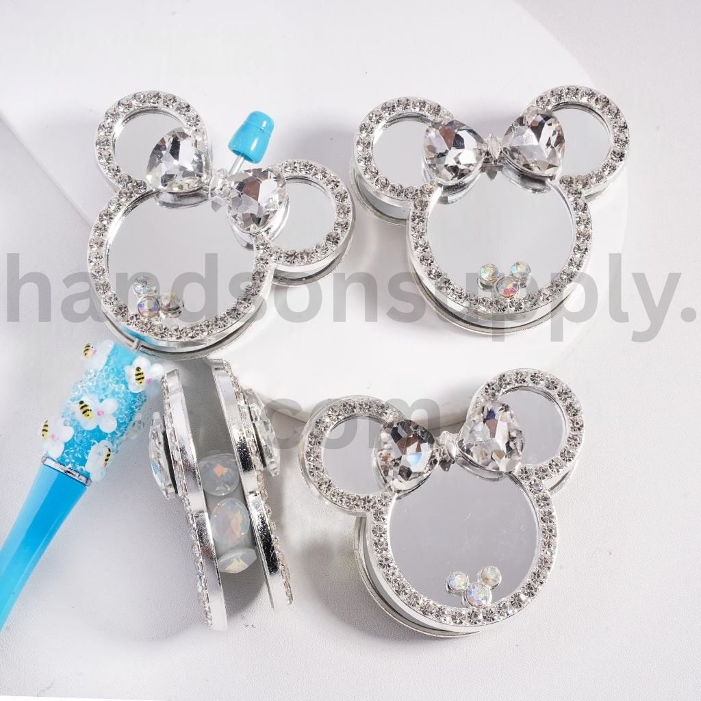 Fancy Silver Alloy Mouse Head Shaped Mirror & Bowtie, AB Rhinestones Clay Beads 52*60MM