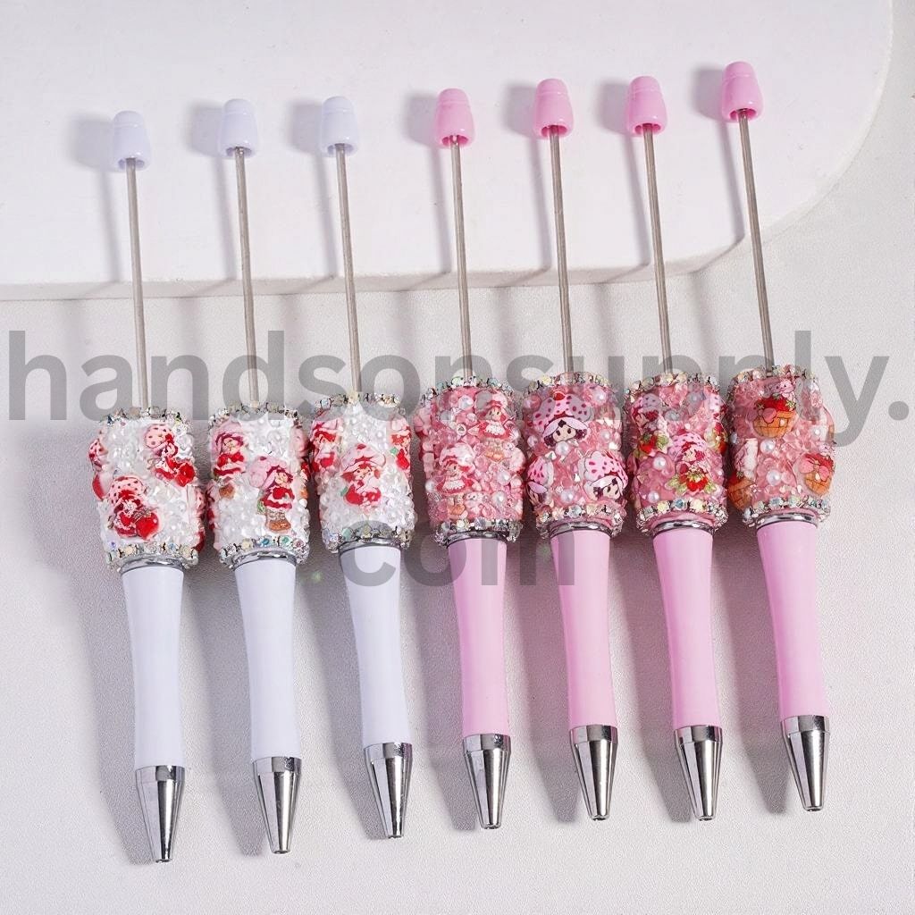 Cat Strawberry Girl White Pearls & Cone‑Shape Clear Sugar AB Rhinestones Solid Color Beadable Clay Pen