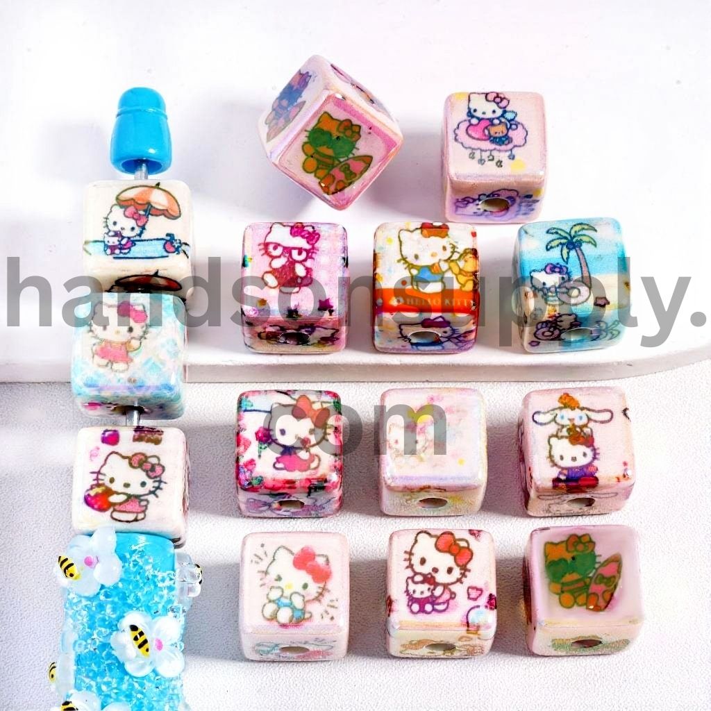 UV Coating Cute Cat Character Series Print Cube Square Shape Acrylic Beads Random Mix, 14*14MM